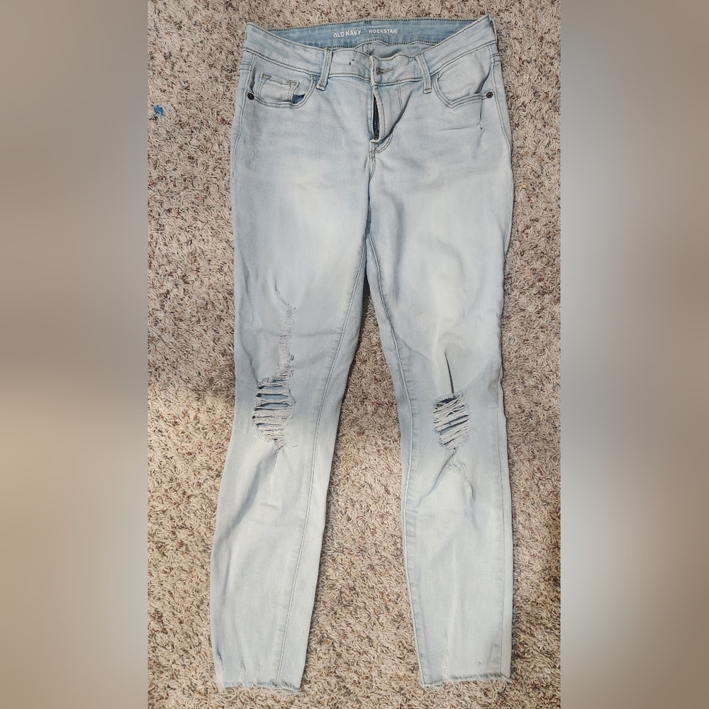 Old Navy Light Blue Jeans With Destressed Bottoms And Shredded Early 2000s Style